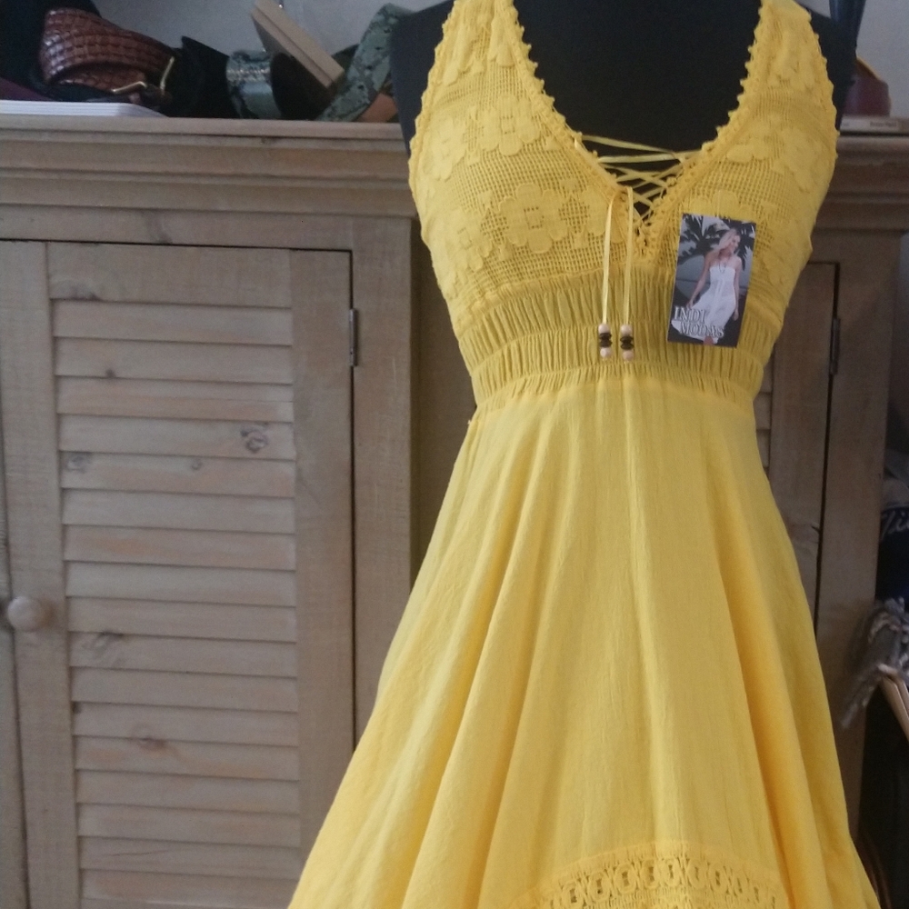 Yellow Lace-Up Midi Dress